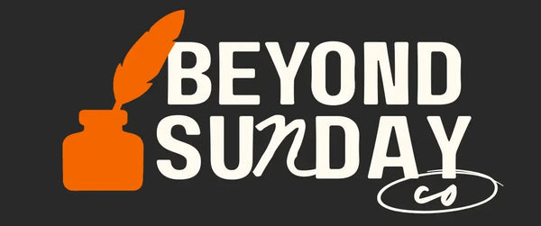 Logo with an orange inkwell and feather quill on a black background, featuring the text 'BEYOND SUNDAY CO'.