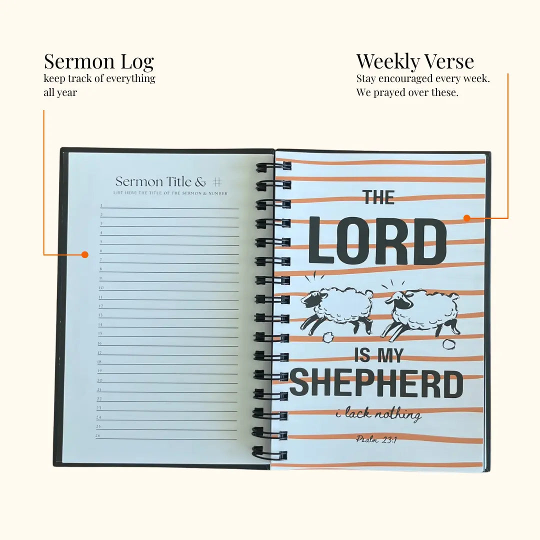 Open notebook showing sermon log and weekly verse sections with a religious design.