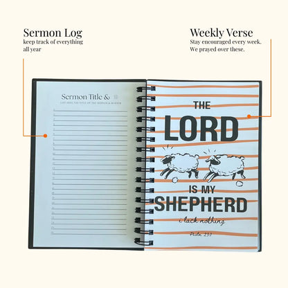 Open notebook showing sermon log and weekly verse sections with a religious design.
