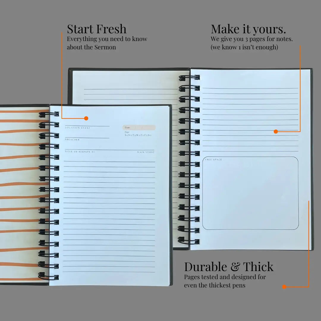 Open notebook showing interior pages with text about durability and design.