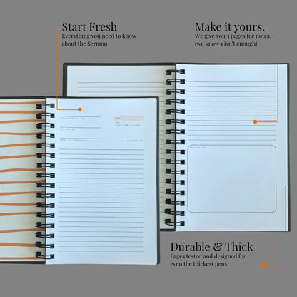 Open notebook showing interior pages with text about durability and design.
