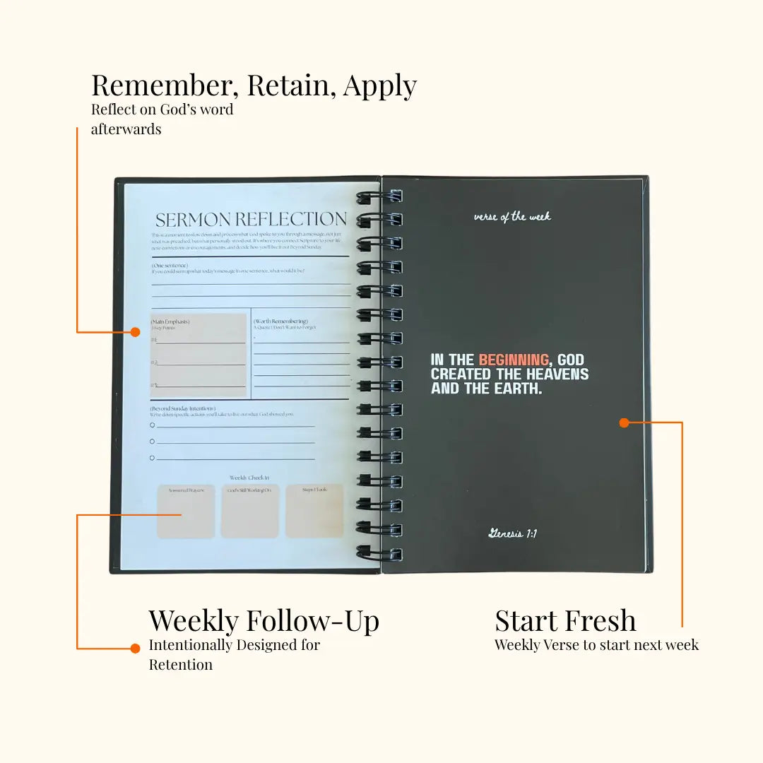 Spiral-bound notebook with open pages displaying text and design elements on a white background.
