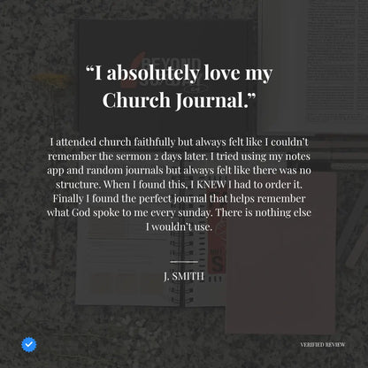 Text overlay on a blurred background with a quote about loving a church journal.